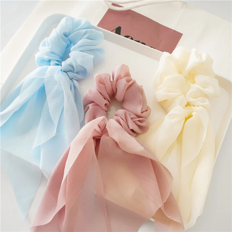 1Pc Fashion 25cm Chiffon Long Ribbon Scrunchies Women Girls Ponytail Scarf Elastic Hair Bands Ties Holders Hair Accessories