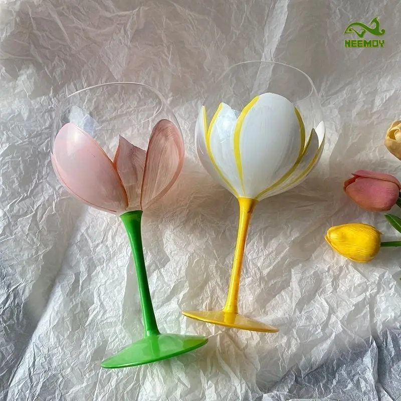 

Middle Aged Tulip Painted Glass Cup Red Wine High Footed Glass Ins High-value Flower Cup Tableware Flower Shaped Juice Glass