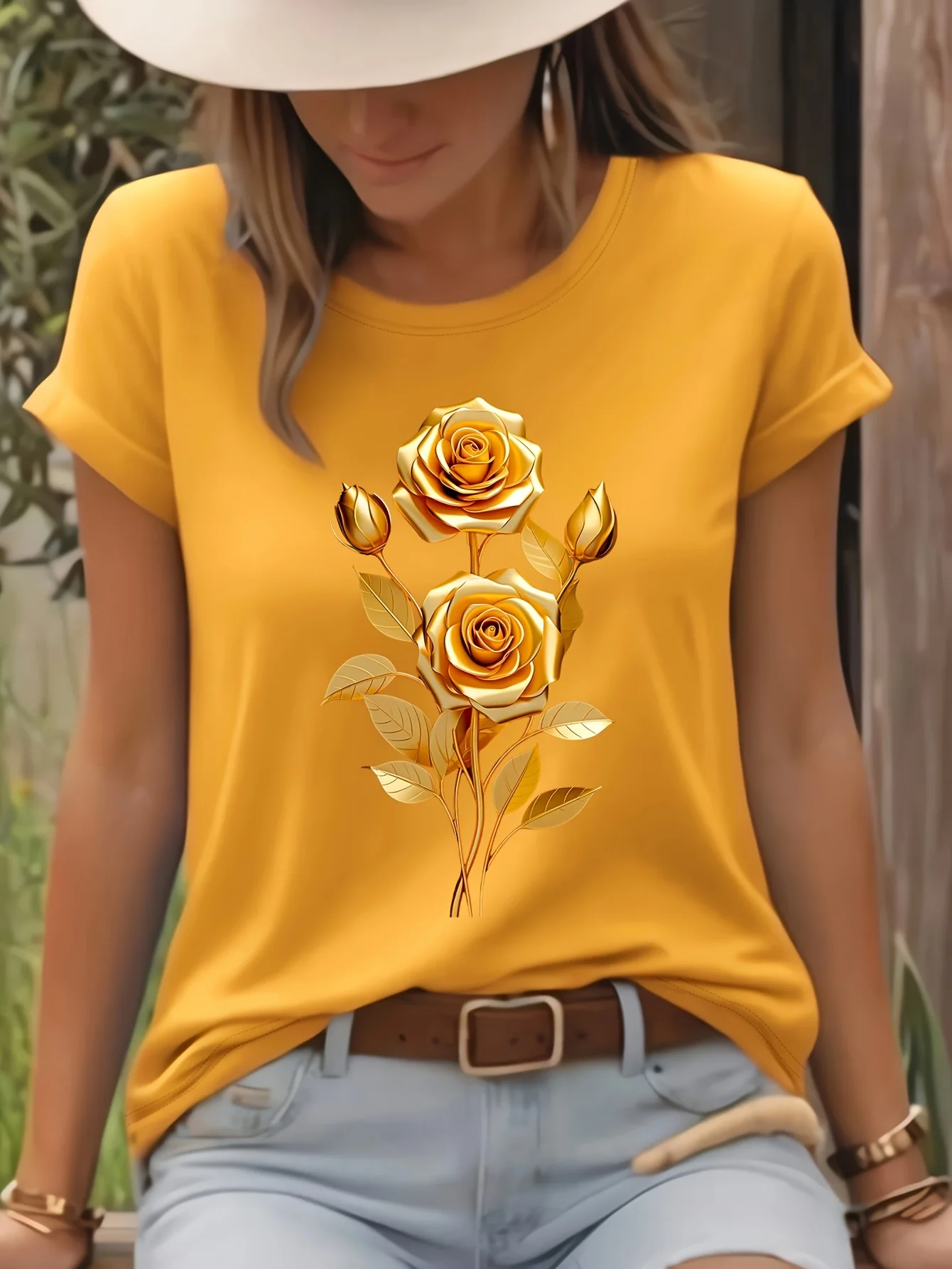 Golden Rose Graphic Print Fashion Harajuku T-Shirt Short Sleeve Crew Neck Casual Top for Summer  Spring Women'S Clothing