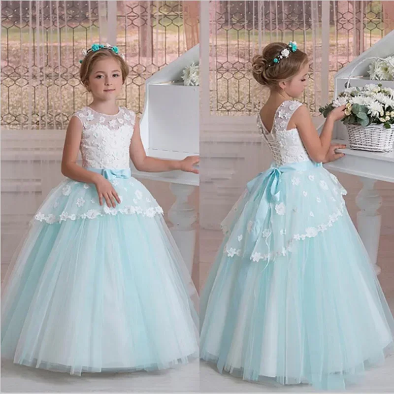 Vestido menina flor com cordões, azul claro branco, contraste princesa, menina, festa de aniversário, primeira comunhão, vestido de casamento