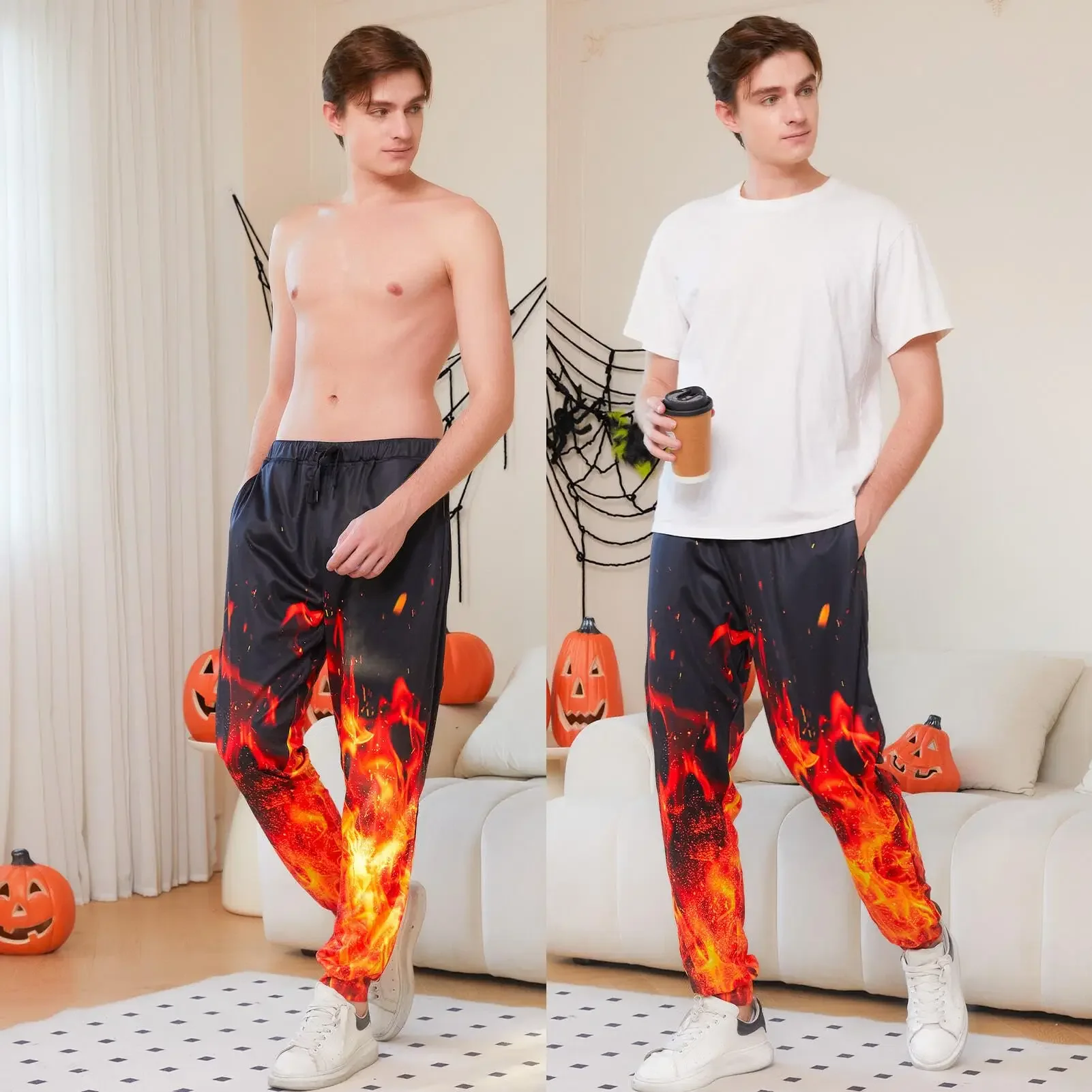 Men's Vintage 3D Flame Fire Print Jogger Sweatpants Casual Streetwear Halloween Party Outdoor Daily Wear Trousers for Adult Men