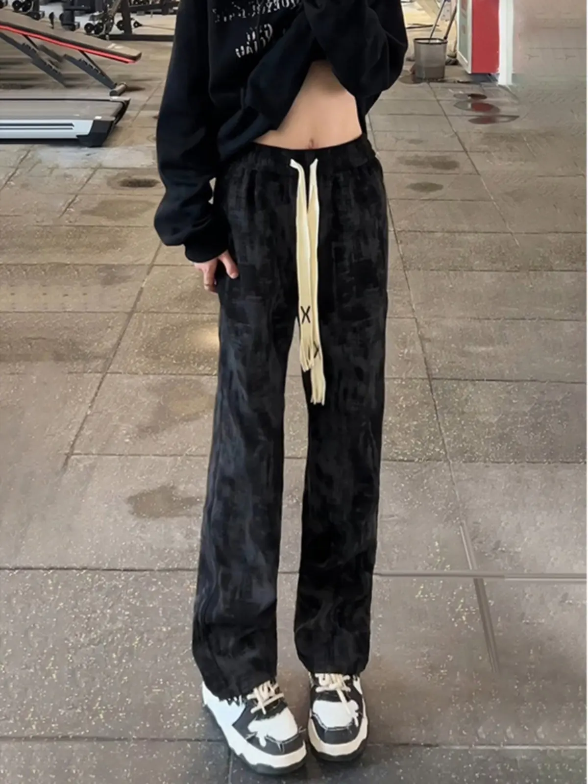 

Black Tie Dye Corduroy Men's Autumn Winter Fleece Drawstring Sports Sweatpants Straight Leg Drapey Casual Long Trousers