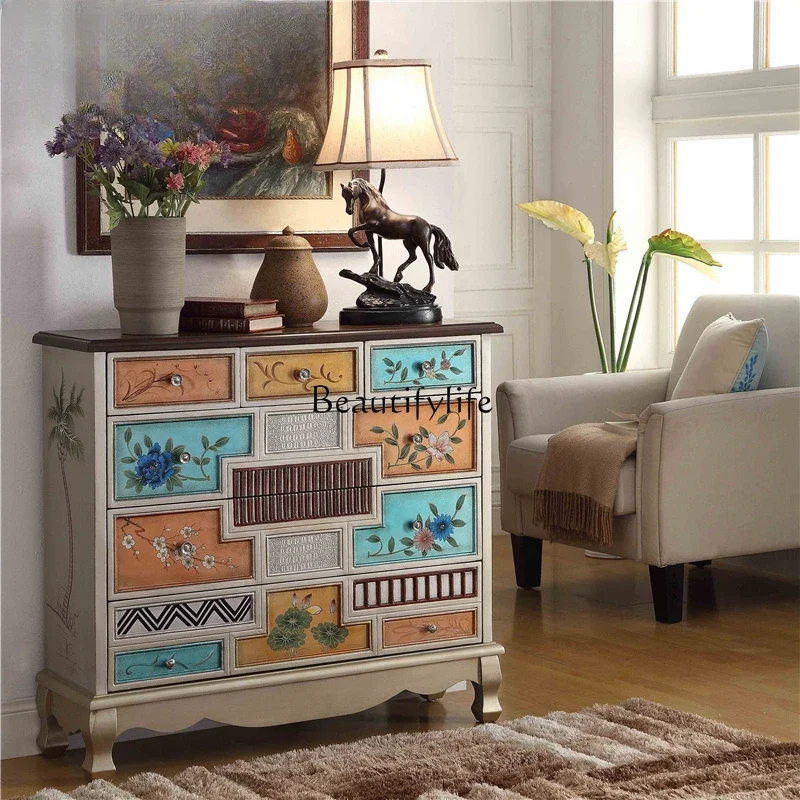 

2American five-bucket solid wood cabinet storage retro European bedroom drawer storage cabinet