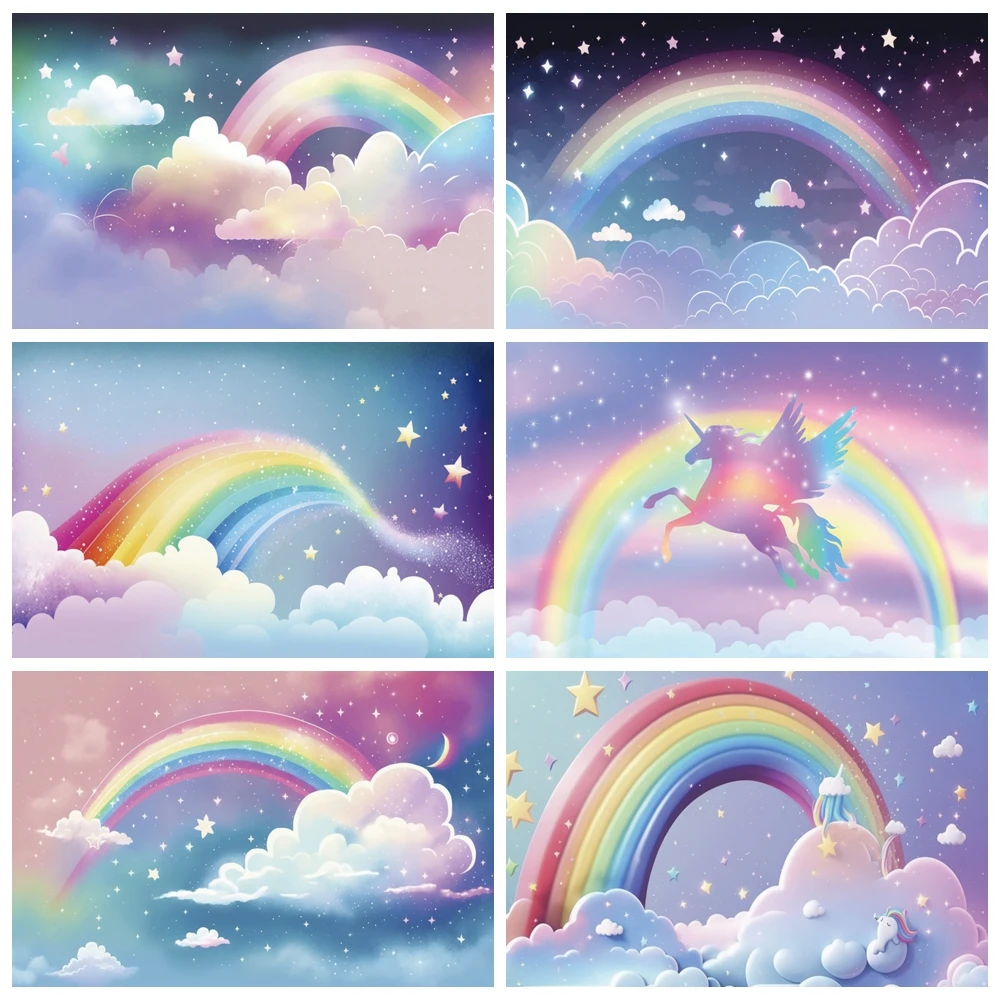 ฉากหลังปาร์ตี้วันเกิดยูนิคอร์นสีรุ้งสำหรับถ่ายภาพเจ้าหญิงของตกแต่งปาร์ตี้วันเกิดที่1สำหรับเด็กผู้หญิง