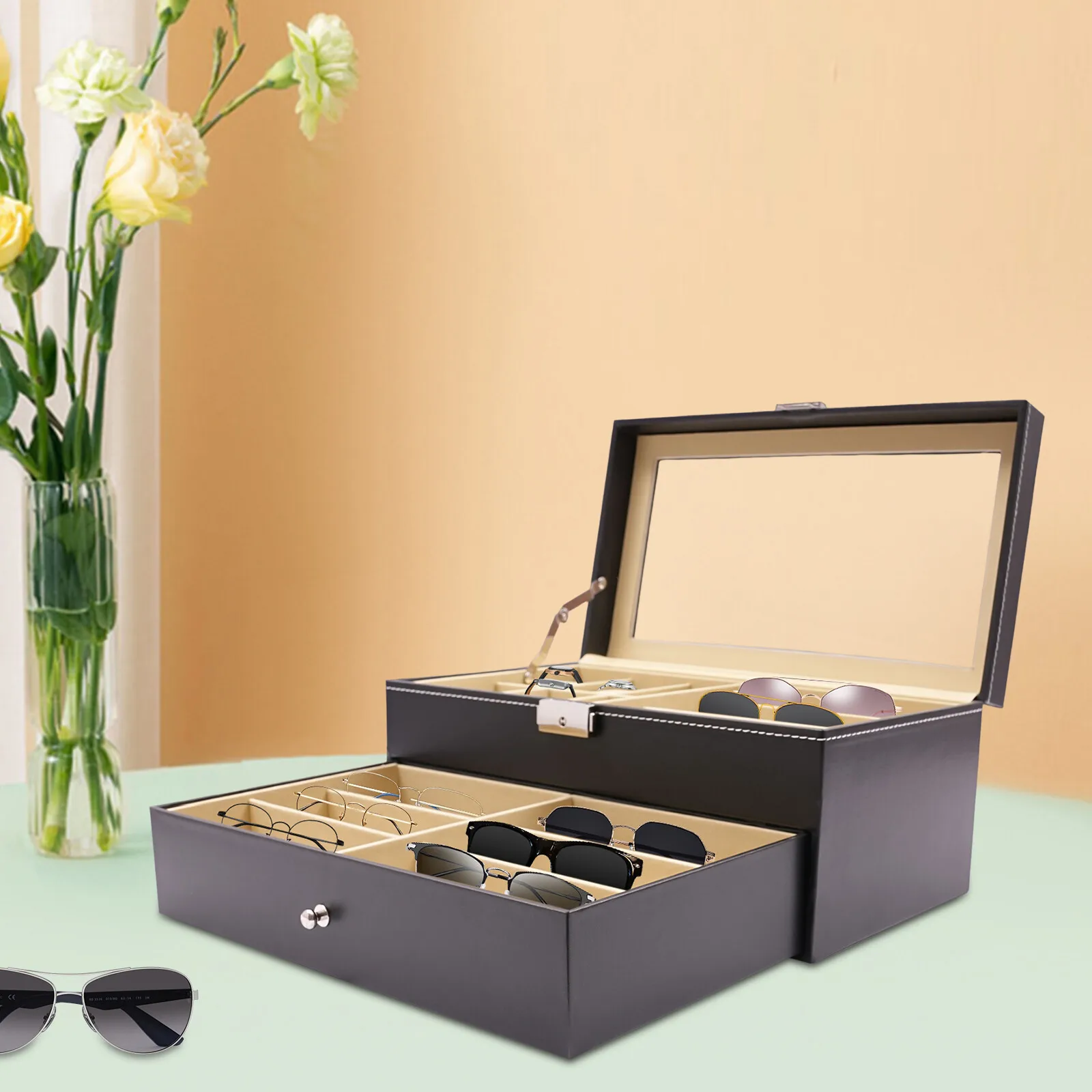 

2-Tiers 9-Slots Eyeglasses 6-Slots Watch Storage Box 33.5*19*15.5cm Storage Drawer Case