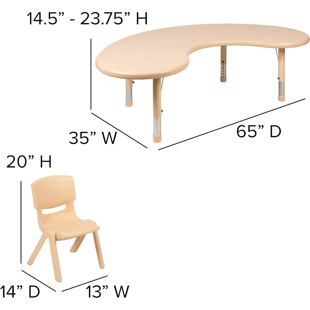 Juego de mesa de actividades ajustable de plástico Natural, media luna, 35 "W x 65" L, 4 sillas, silla apilada de 10,5 "contorneada, una pieza