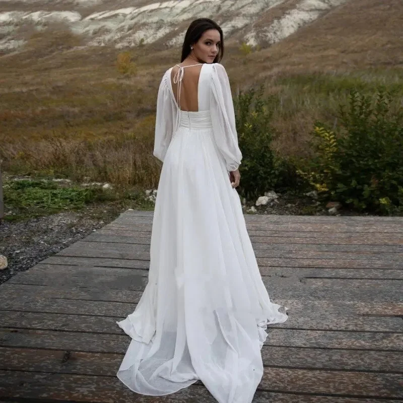 Abito da sposa donna 2024 a-line abito da sposa a pieghe senza schienale in Chiffon bianco con maniche lunghe a sbuffo personalizza le misure 2024 abito da sposa