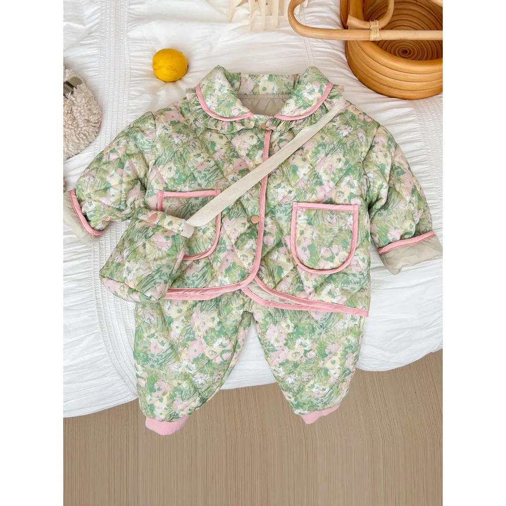 3pcs Floral Print Kids Cotton Suit for Girls Cute Ruffled One Breasted Padded Coat+Elastic Waist Warm Pants+Crossbody Bag