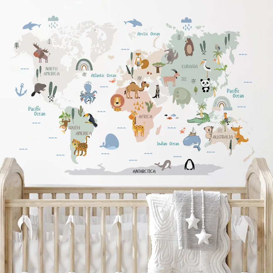 Watercolor World Map Animals Wildlife Wall Stickers Removable Vinyl Wall Decals Print Kids Room Playroom Interior Home Decor