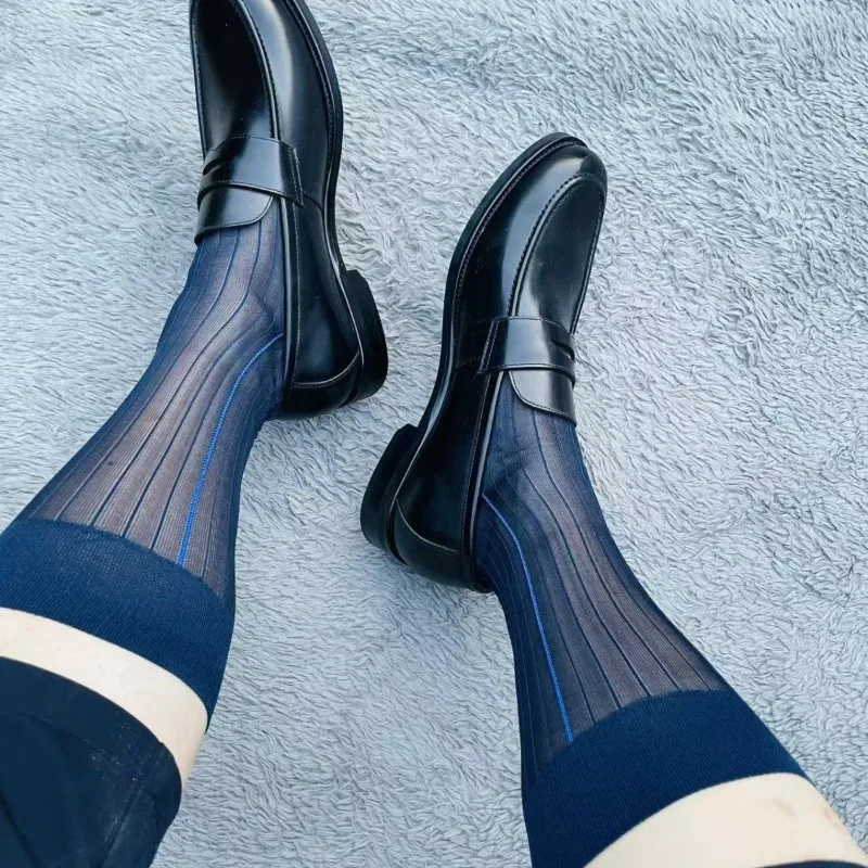Men Dark Navy Vertical Rib Sheer Mid-Calf Socks for Gentlemen Dress Socks Comfort Nylon Socks for Business Suit & Leather Shoes