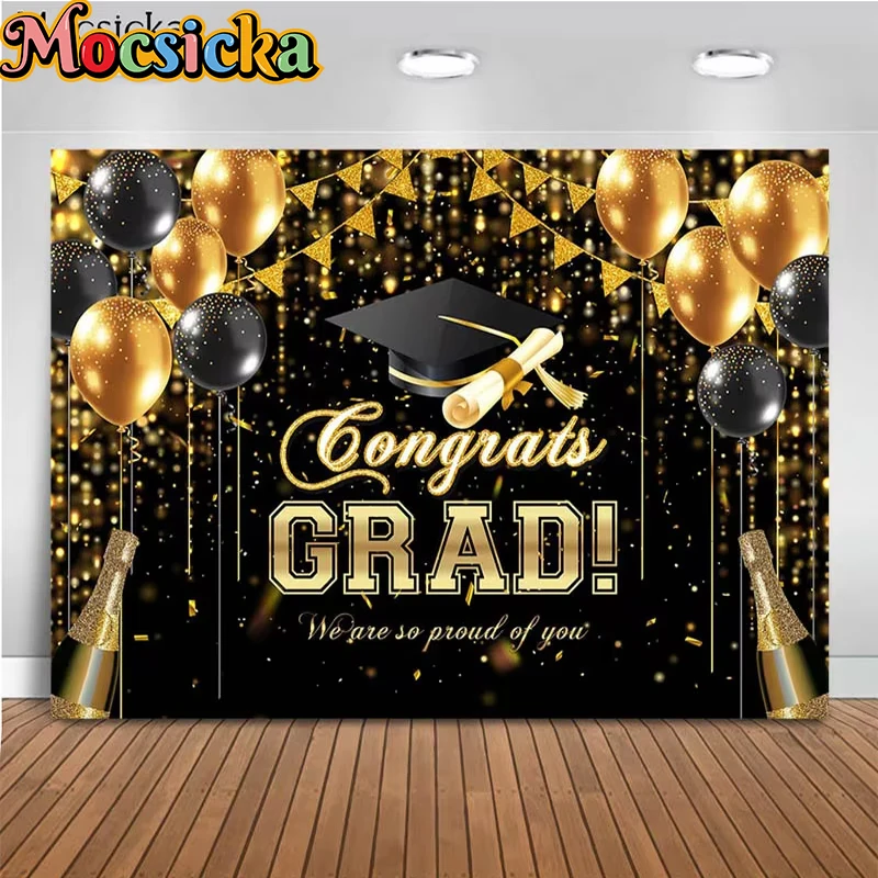 

Mocsicka Graduation 2025 Photography Backdrops School Black Bachelor Cap Gold Balloons Grad Party Decor Banner Photo Backgrounds
