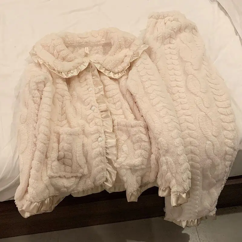 

Coral Fleece Women's Pajama Set Winter Solid Color Keep Warm Pj Sleepwear Wearable As Outerwear Nightwear Set Student Homewear