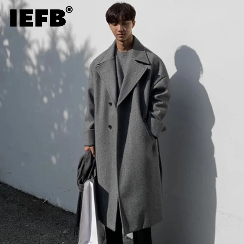 

IEFB New Trendy Lace-up Trench Mid-length Korean Woollen Clothing Cotton Male Windbreaker 2024 Autumn Winter Casual 9C4903