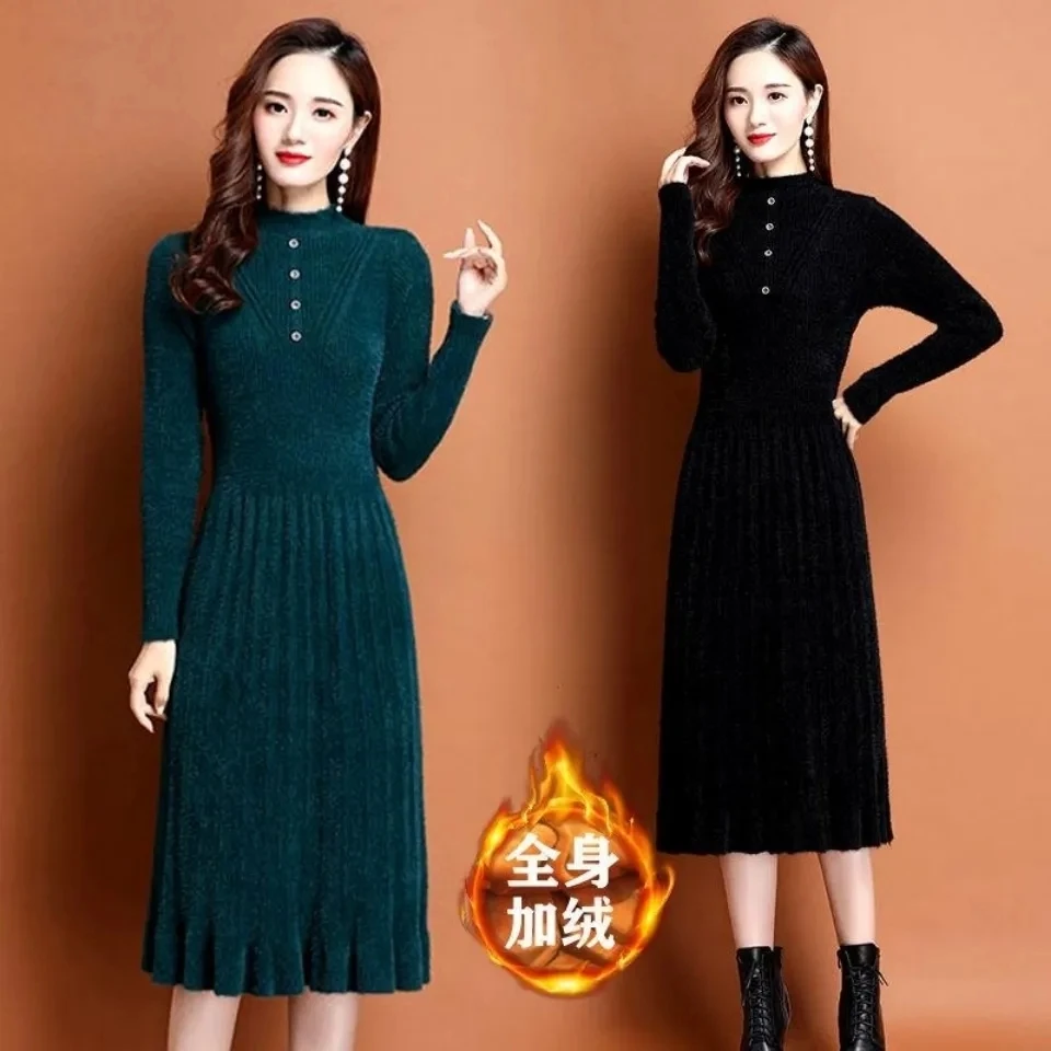 

Plush Warm Mink Fur A-Line Dress Women's Autumn Winter Knitted Dresses Ladies Long Sleeve Jumper Sweaters Temperament Slim Dress