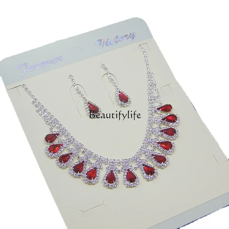 

Color crystal full diamond chain earrings 2-piece exquisite wedding dress collarbone chain