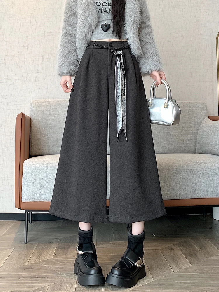 

Женские осенне-зимние свободные прямые брюки с высокой талией и широкими штанинами семи дюймов, толстые универсальные шерстяные костюмные брюки