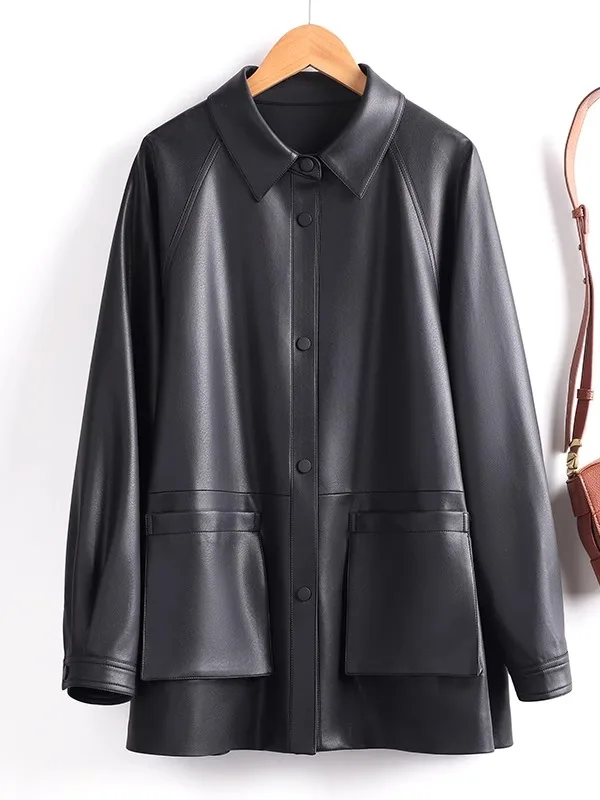   Ning 本革ジャケット レディース ミッドレングス シープスキン ルーズ カジュアル スプリング 秋 ファッション アウター コート