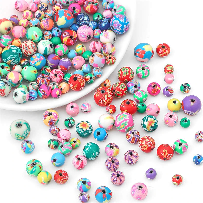 6/8/10/12mm Flower Pattern Printing Beads For Bracelets Making Round Craft Beads Bulk Assorted Pattern Handmade Loose Beads