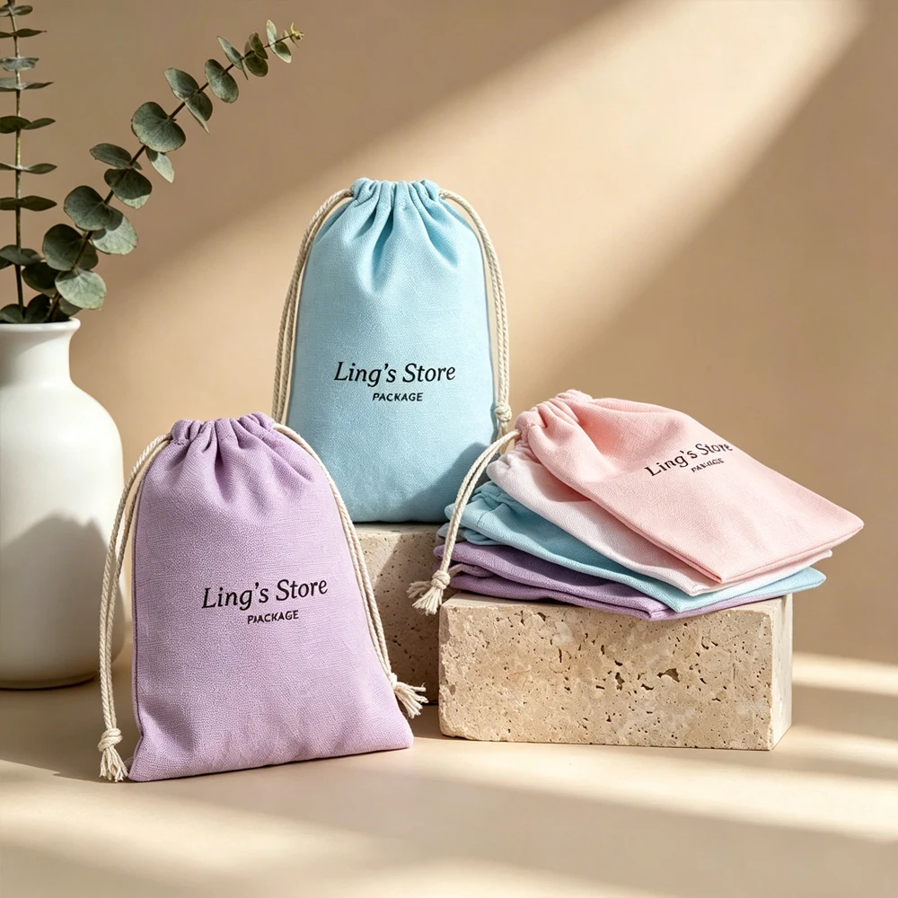 

50pcs Personalized Logo Cotton Drawstring Bag Reusable Natural Muslin Canvas Pouch Jewelry Package Party Wedding Birthday Pocket