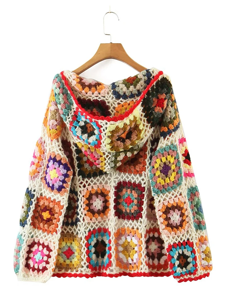 YENKYE New Autumn Women Handmade Crochet Knit Hooded Cardigan Vintage Multicolor Long Sleeve Female Boho Knit Sweater