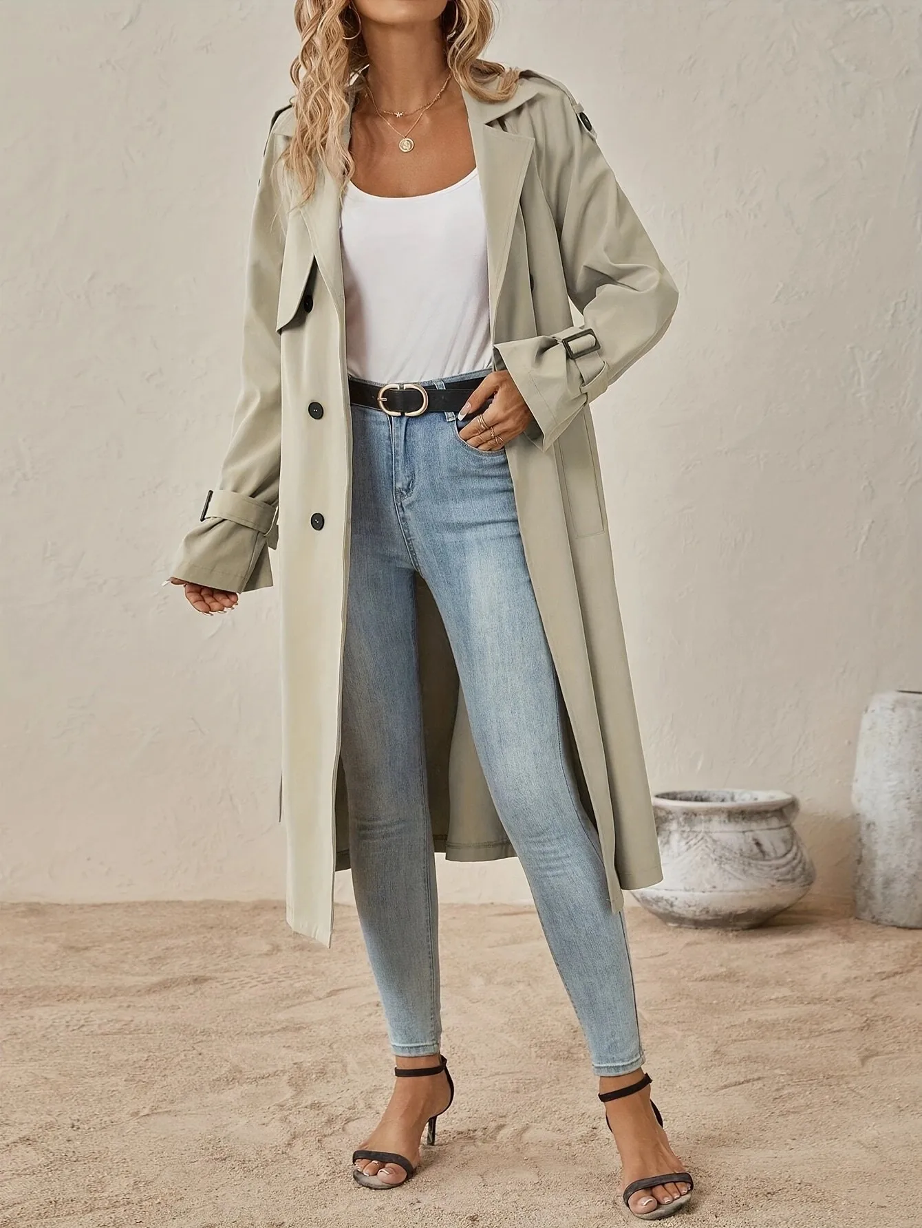 2024 Fashion Trench Jackets Long Pattern Female Solid Color Coat Classic Lapel Long Sleeve with Belt Spring Autumn Casual Street