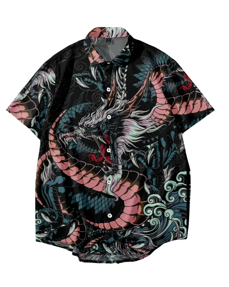 New Year Dragon Hawaiian Casual Men\'s Short Sleeve Shirt Y2k Vintage Top Breathable Camisas Casuais Blouse Man Clothing Society