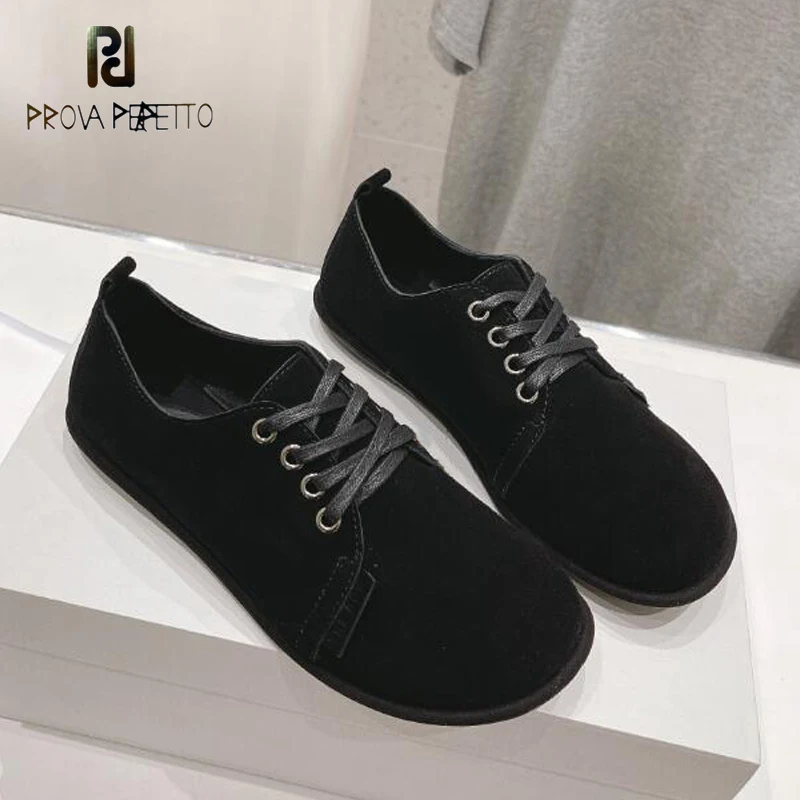 

Comfortable Female Flat Loafer Shoe Round Toe Lace Up Beige Black Suede Leather Luxury Simple Style Daily Walking Driving Sapato