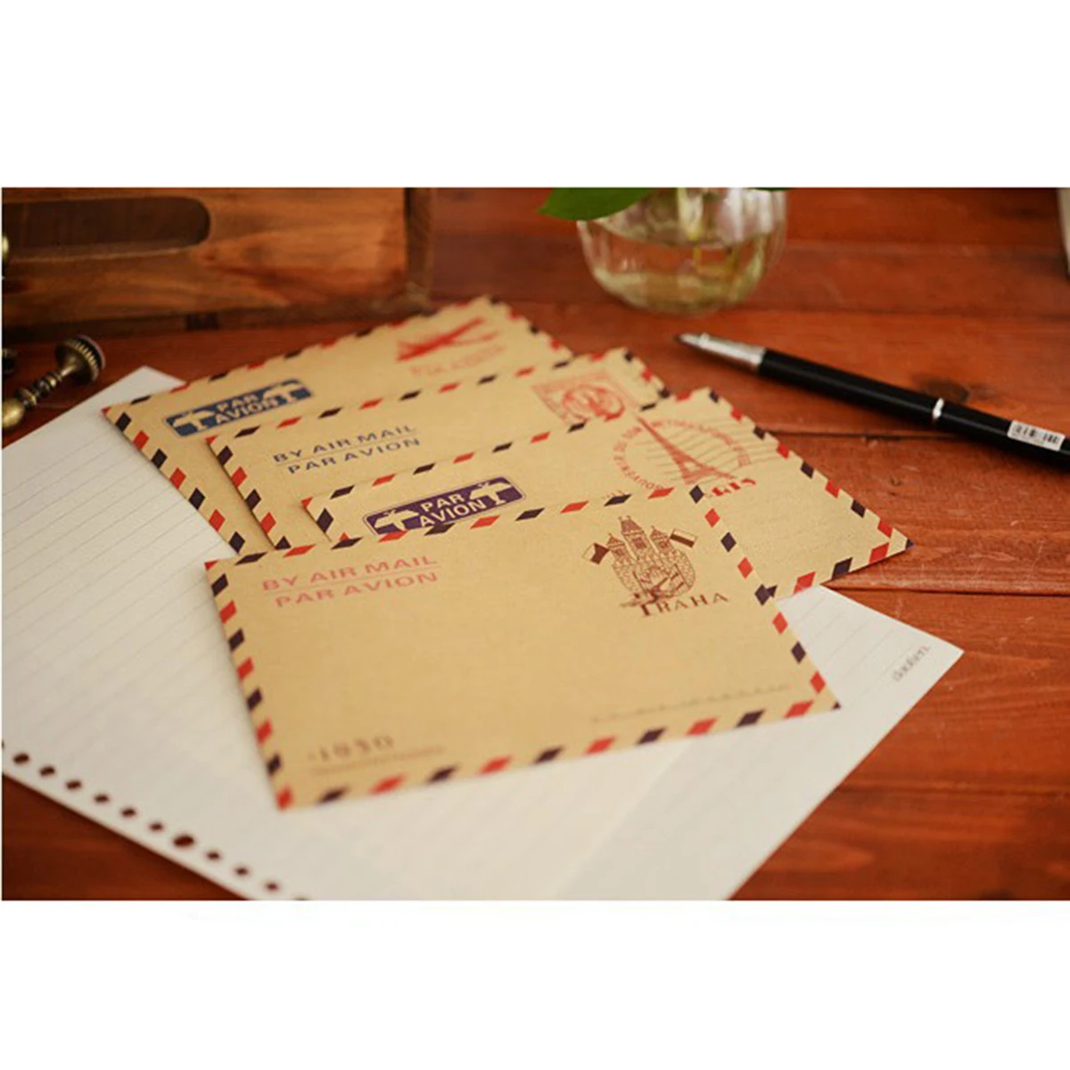 10pcs Kraft Paper Envelopes Retro Storage Photo Postcard Red Blue Edge Tower Airplane