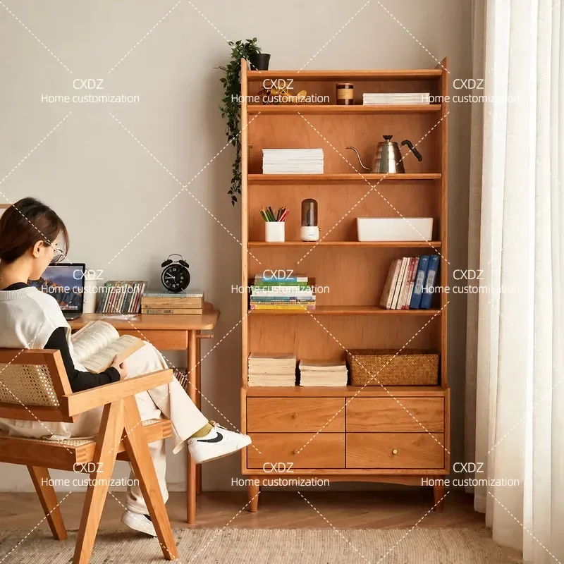 Solid Wood Bookcase Nordic Vertical Display Cabinet Cherry Japanese Simple Log Floor to Ceiling Storage Shelf with Door