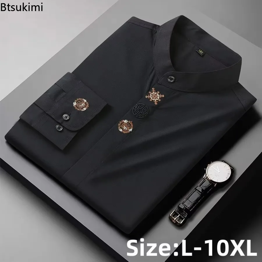 Men's Spring Autumn Long Sleeve Shirt Plus Size Embroidered Business Office Dress Shirts for Men Loose Casual Elasticity Blouse