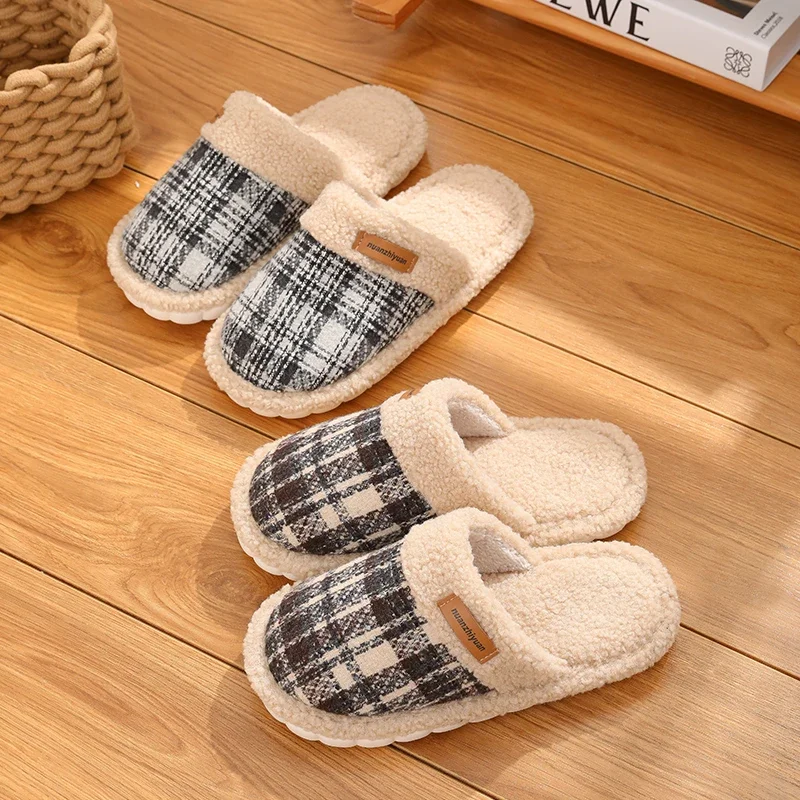 Women Warm Winter House Slippers Men Casual Home Outdoor Plaid Striped Shoes Couple Cozy Anti-slip Indoor Floor Footwear