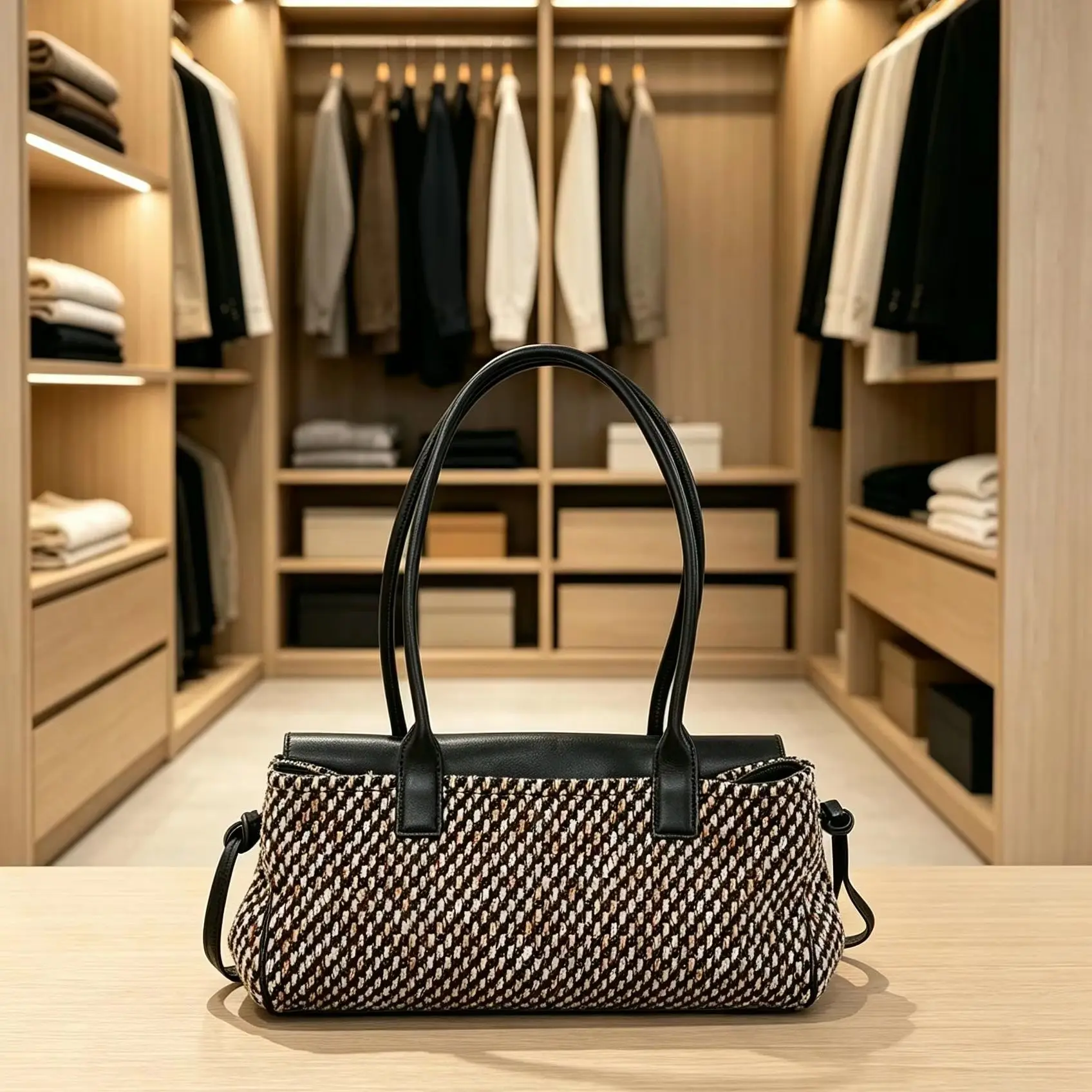 Houndstooth Wool Blend Shoulder Bag Faux Leather Patchwork Long Handle Handbag Ladies Large Capacity Tote Bag With Extra Crossbody Strap