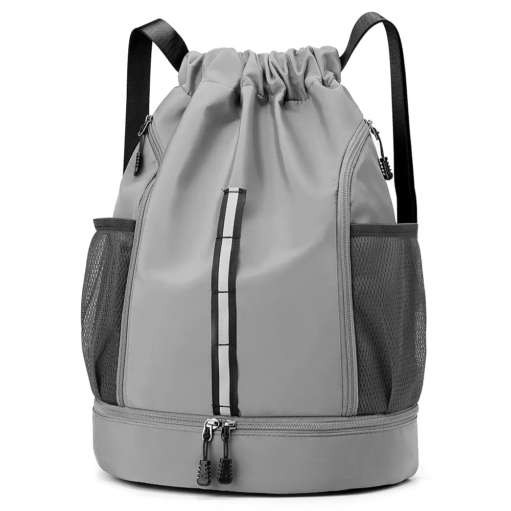 

Спортивная сумка для спортзала, рюкзак на шнурке, пляжная сумка для мужчин и женщин с отделением для обуви и светоотражающими полосами (серый)