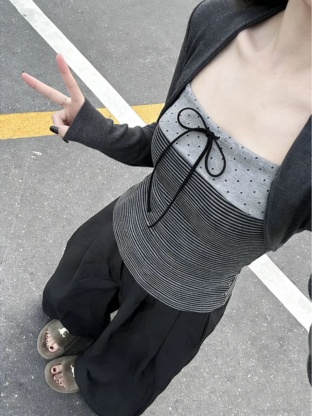 تي شيرت نسائي كوري Sle طويل Sve بتصميم شتوي بقصة ضيقة مع عقدة شريطية ناعمة ومريحة ومتعددة الاستخدامات