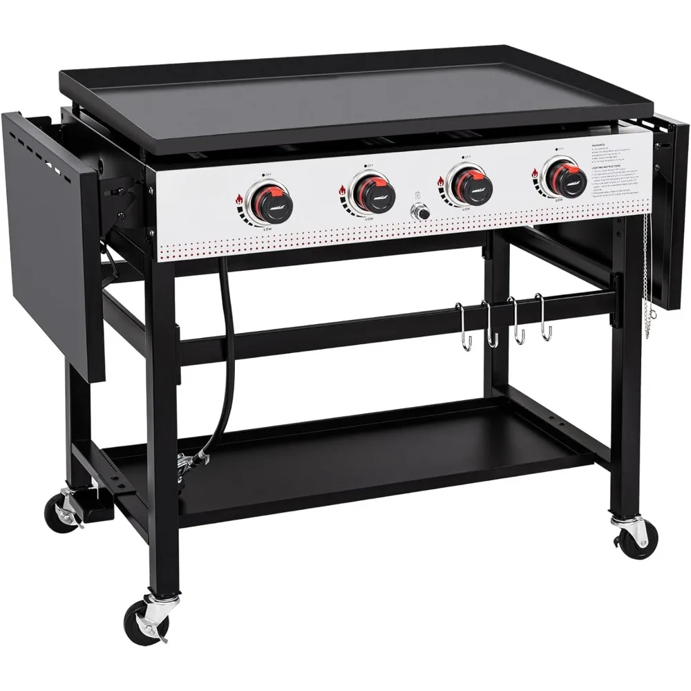 

4-Burner Flat Top Gas Grill with Folding Side Tables, 36-Inch Propane Griddle Station for Outdoor BBQ Events, Black