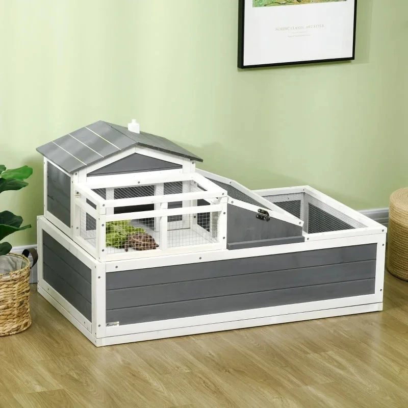 House with Balcony, 2 Tiers Large Tortoise Habitat Indoor, Outdoor Reptile Cage with Ladder, Openable Roofs