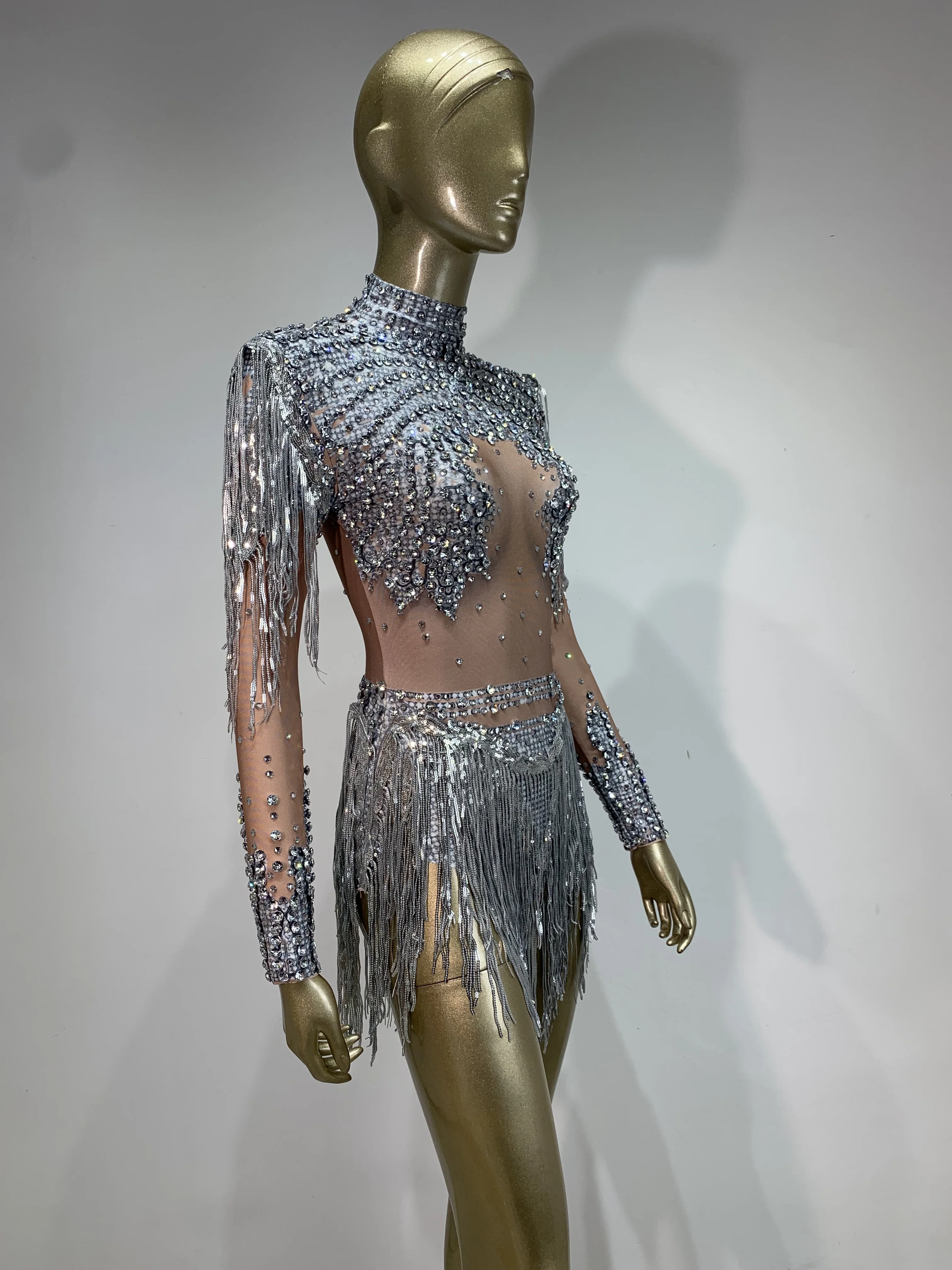 Damskie błyszczące body z dżetami, cekinami i frędzlami, elastyczne, nowość 2025, na przyjęcie urodzinowe, do klubu nocnego, na scenę DJ-a, kostium do występów.