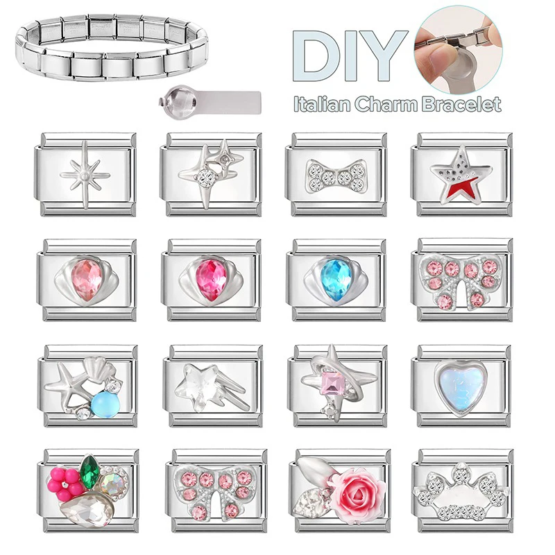Novo zircão estrela do mar coração concha coroa rosa flores italiano charme links caber 9mm pulseira de aço inoxidável feminino