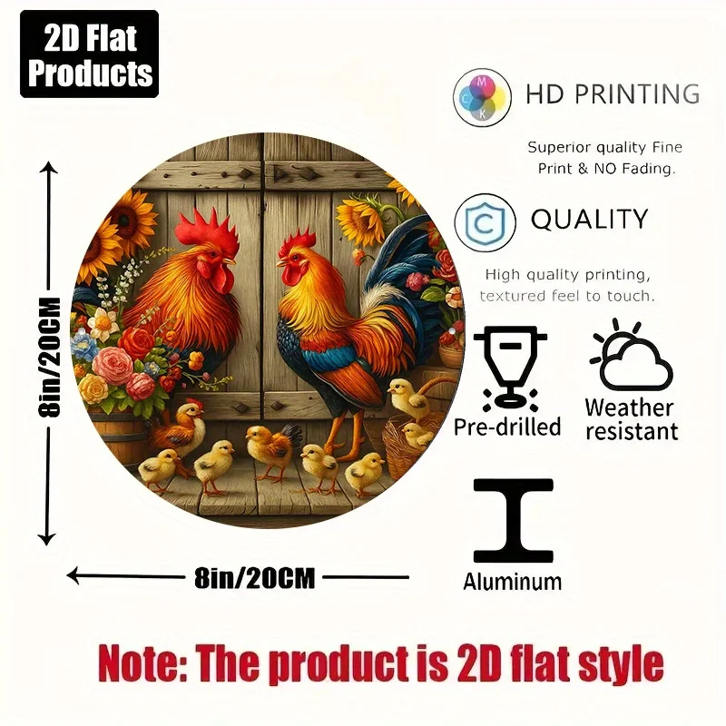 2D Flat,Round Aluminum Sign in French Featuring a Vintage Decor Plaque about 'Retro Farm Chickens', Perfect for Adding