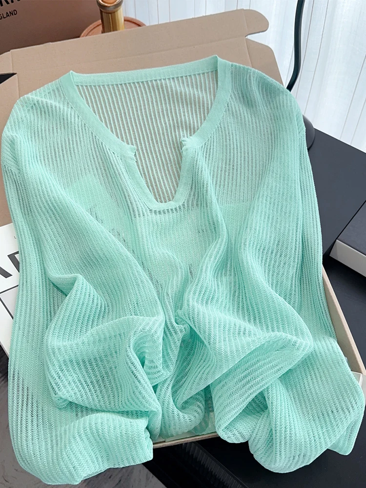 

Женский свободный вязаный свитер Laid-ba с длинным рукавом, защитой от солнца, из ледяного шелка, мятного цвета, корейская версия, с V-образным вырезом