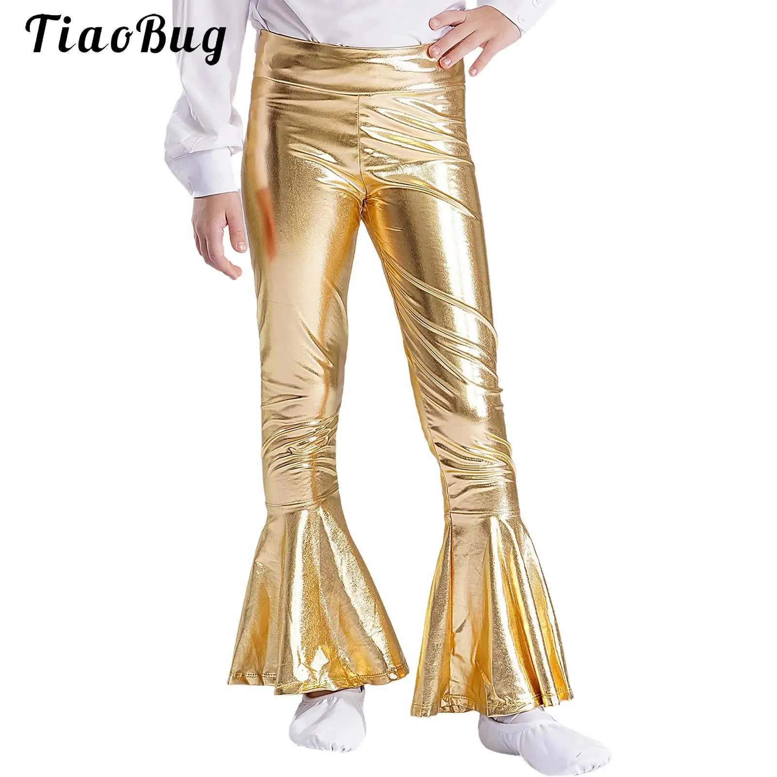 

Shiny Halloween Hippie Flared Trousers for Kid Girls High Waist Metallic Disco Dance Pants 70s 80s Prom Bell-Bottom Leggings