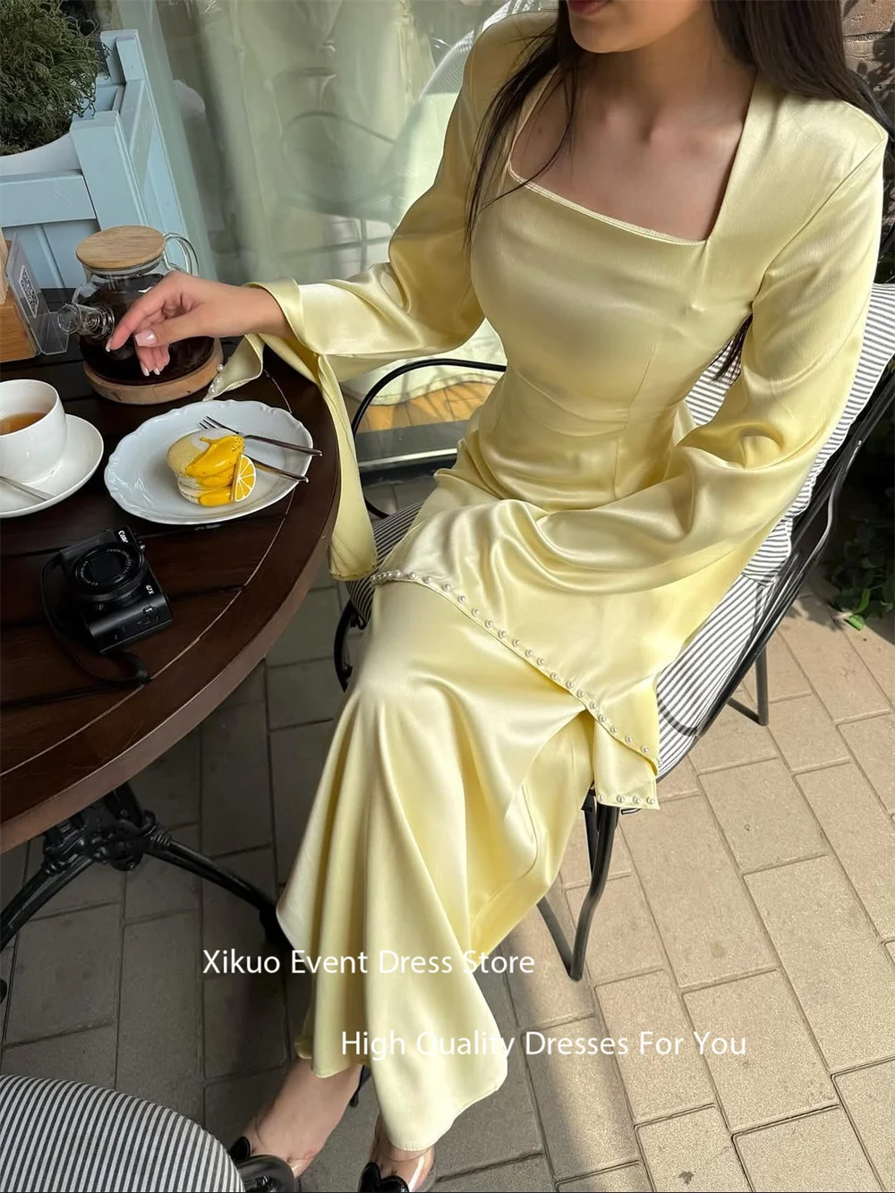 Xikuo Pearl Sleeves Satin Evening Dress Square Neck Wedding Party Dress Summer Elegant Vestidos De Boda Para Fiestas Customized