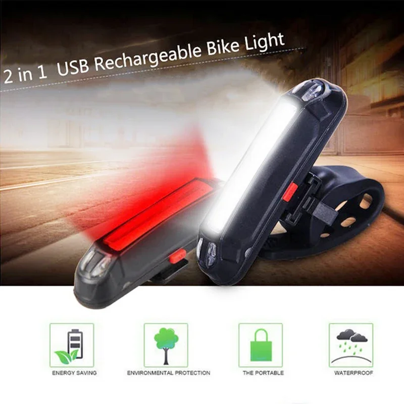 Luz LED 2 en 1 para bicicleta, luz roja/blanca, recargable por USB, luz trasera, lámpara de seguridad ultraligera, accesorios de advertencia para conducción nocturna