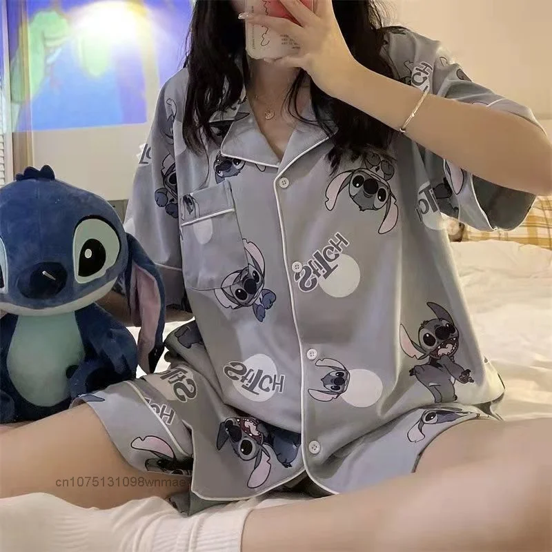 Disney-Stitch Love Pattern Pajamas Suit for Women, Cartoon Short Sleeved Shorts, Home Clothing, Cute, Y2k, New, Summer