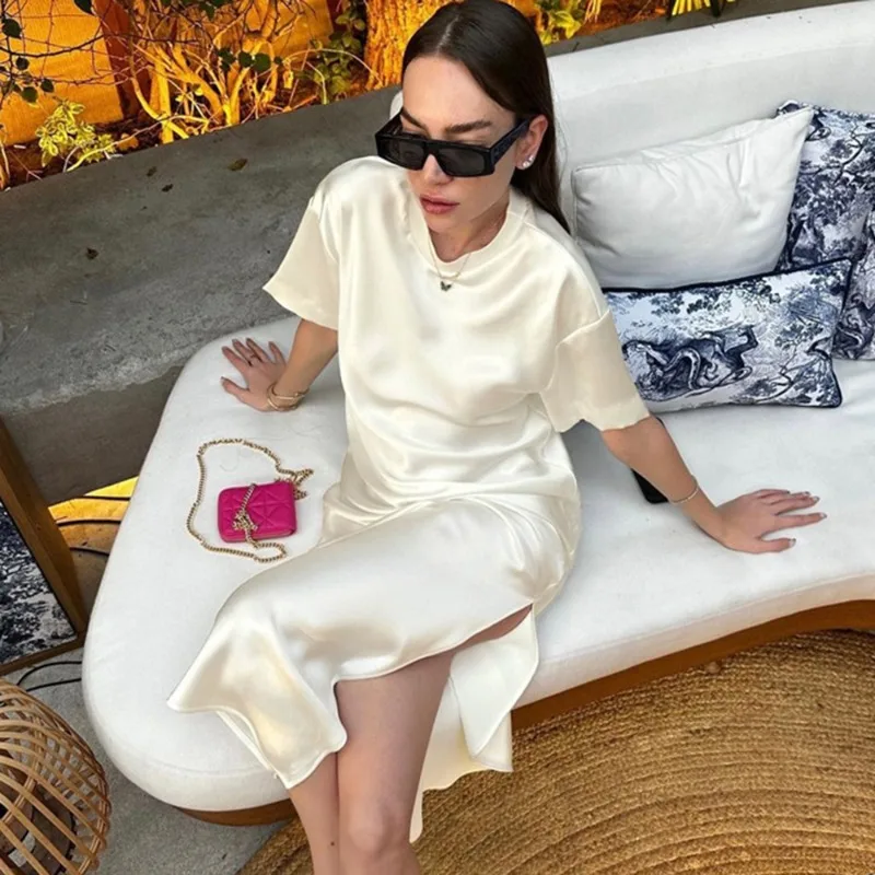 Talenza Casual Satin Long Dress Fashion Solid Loose Short Sleeve Slit Long Dress Summer Commuter Elegant Women Dresses Vestidos