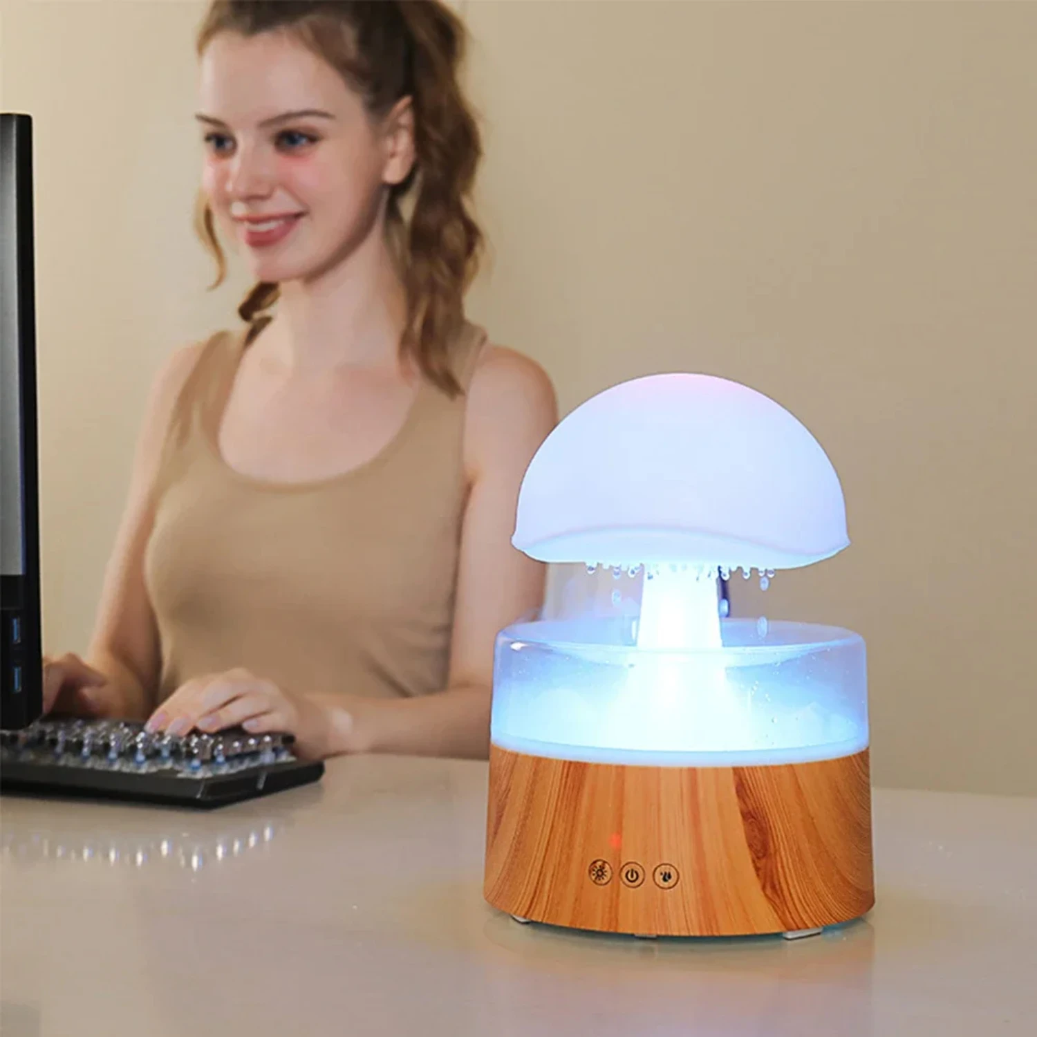 Colorful Mushroom Cloud Ultrasonic Atomization Aromatherapy Humidifier with Relaxing Night Light for Humidification and Rain Eff