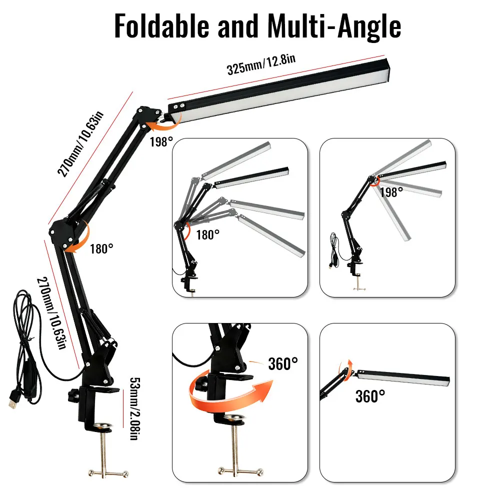 LED Desk Lamp With Clamp 10W Adjustable Swing Arm 3 Lighting Modes 10 Brightness Levels Eye-Caring For Office/Study/Reading