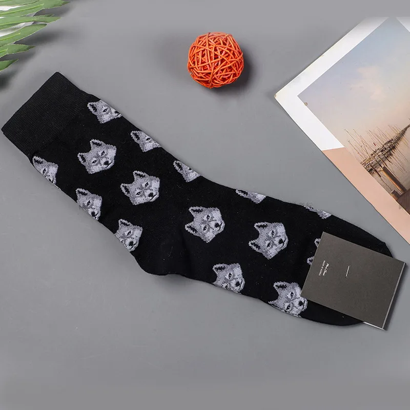 Crew Socks Man Animal Mens Sock Cartoon Tiger Wolf Print Soft Men Autumn Winter Classic Adult Korean Casual Calcetines Hombre