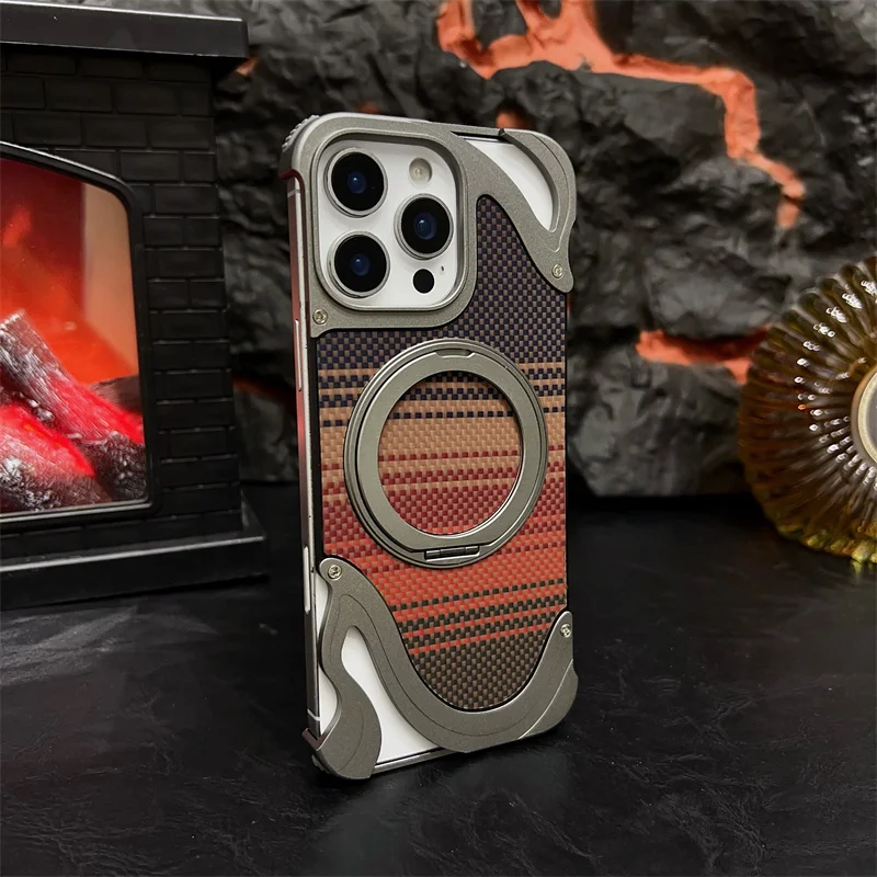 

For iPhone 16 15 14 Pro Max Case Magsafe Gold Backplane Carbon Fiber For iPhone 16 ProMax Aluminum Alloy Borderless Bracket Case
