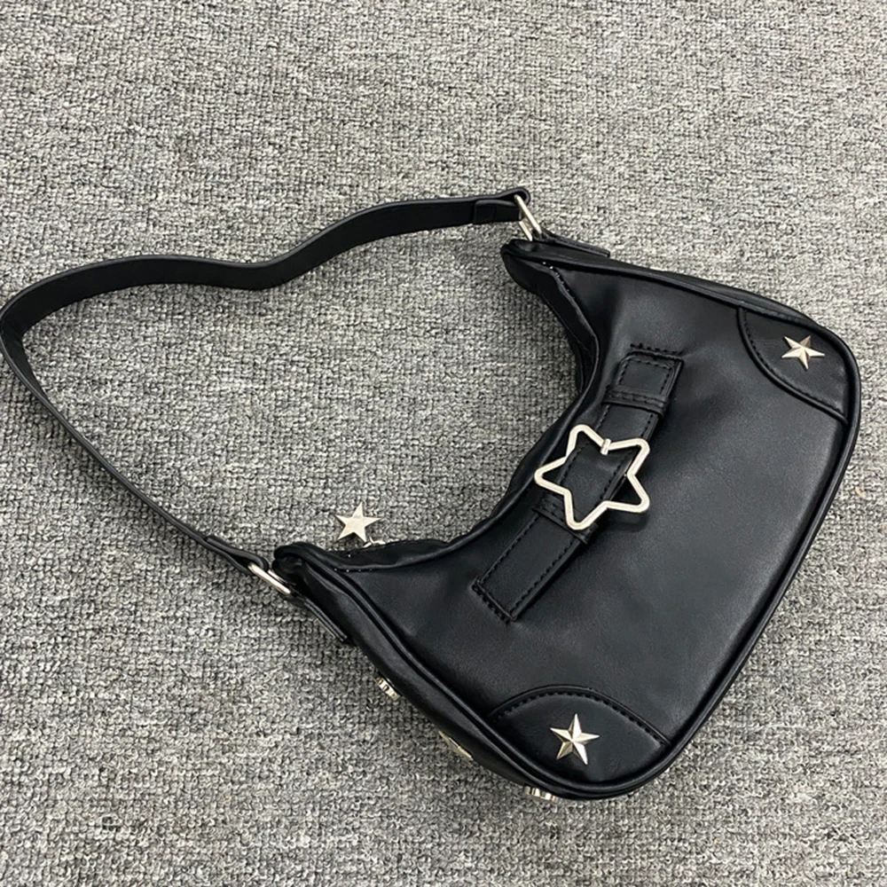 Y2K Female Satchel Zipper Handbag Soft PU Leather Retro Shoulder Bag Girls Star Fashion Women\'s Underarm Bag